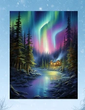 Northern Lights, Scenic River with Cabin WINDOW CLING Size 10.4" Vinyl