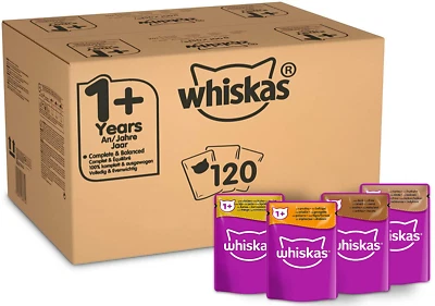WHISKAS Katzenfutter 120er PACK Adult 1+ Geflügelauswahl in Gelee 120x85g