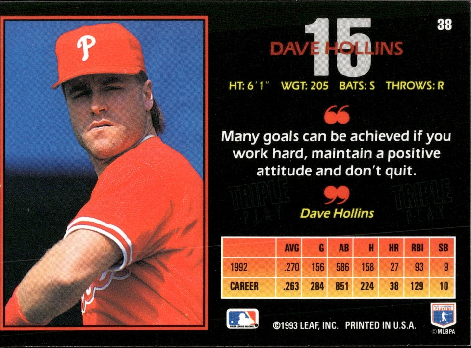 1993 Triple Play #38 Dave Hollins - Image 2 of 2