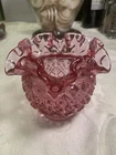 Vintage Fenton Glass Dusty Rose Pink Diamond Pattern Vase Rose Bowl Ruffled Edge