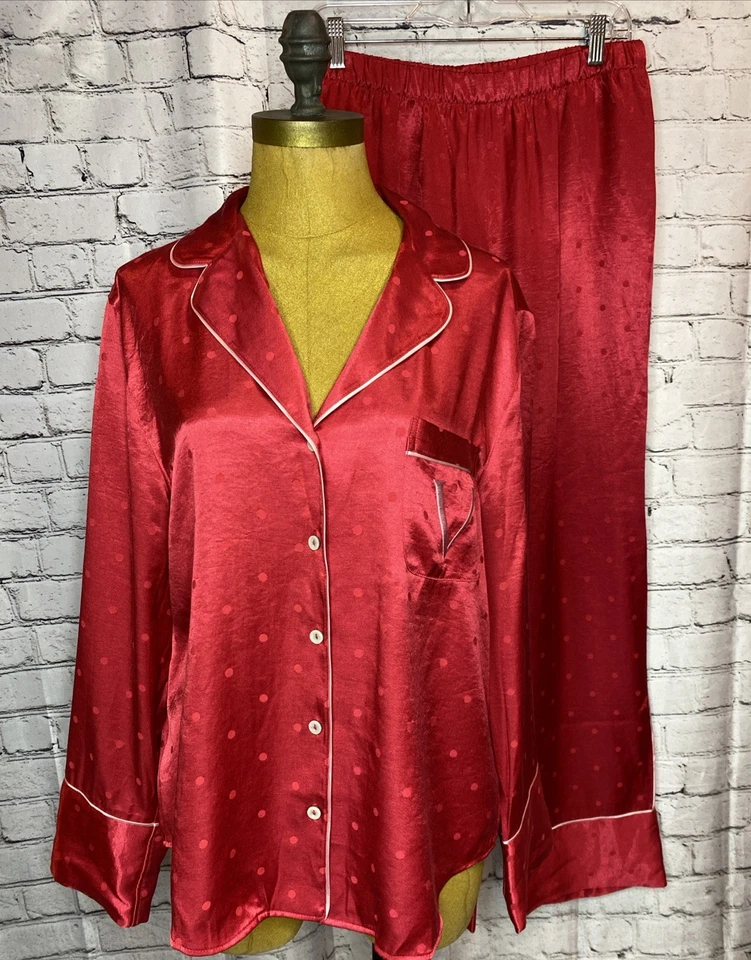 Victoria’s Secret 2 Piezas Pijama Rojo Brillante Satinado Lunares Conjunto M Foto 2 de 4