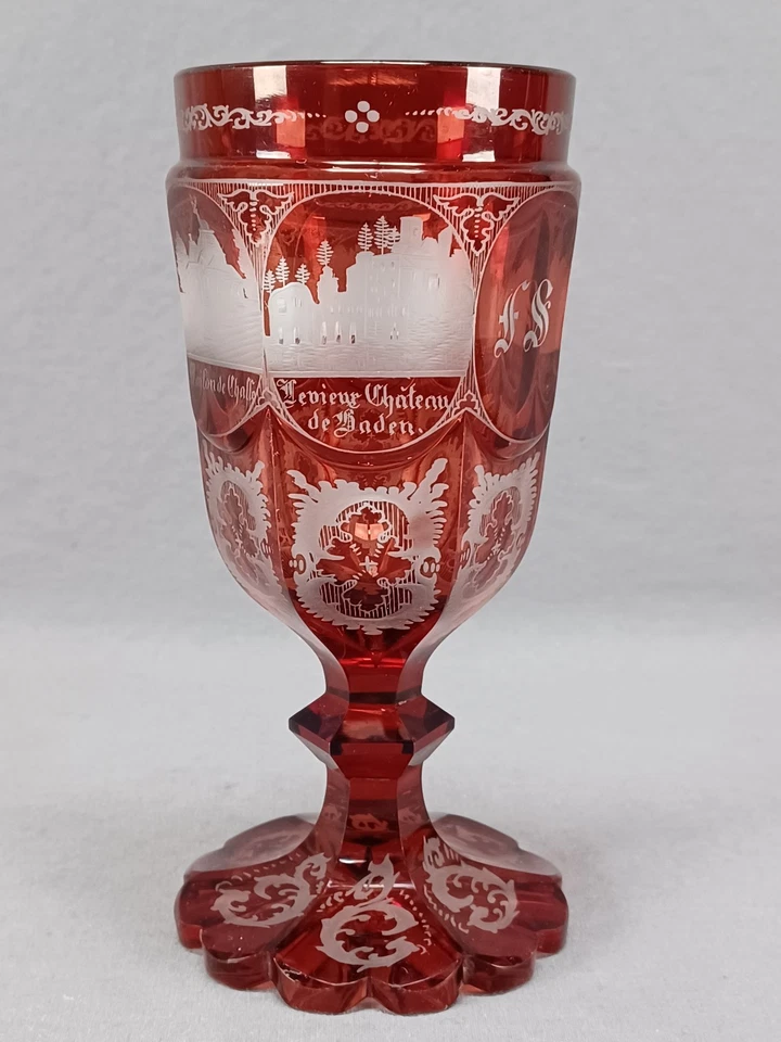 Mid 19th Century German & French Engraved Scenes Ruby Stained Cut Glass Goblet - Image 3 of 4