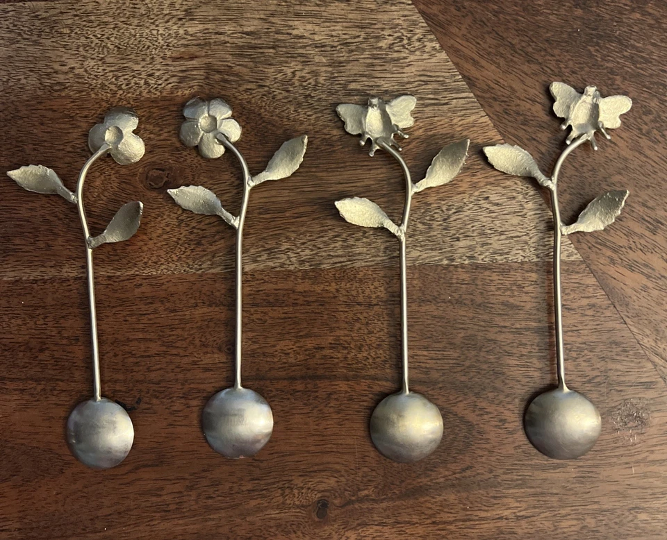 Vintage Gold Tone Spoon Set of 4 Bees Flowers 5 inch Stirrer Sugar Round Kitchen - Image 4 of 4