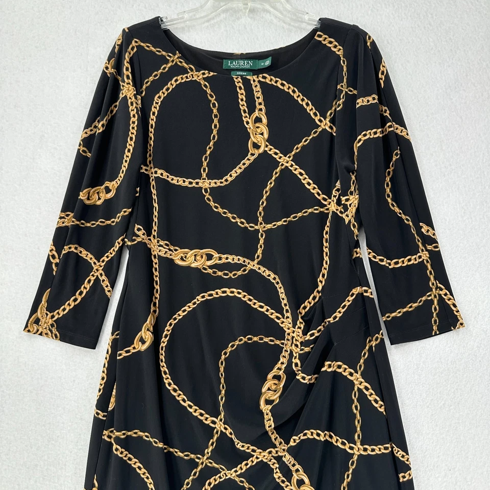 L AUREN RALPH LAUREN Negro Dorado Cadena Eslabón Jersey Vestido Cuello Barco Pullover Talla 12 Foto 3 de 4
