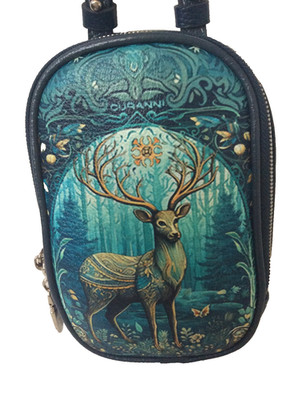 Curanni Handtasche Mini Hirschmuster Waldkunst Handytasche Leder Handgelenktasche L13 H18 D