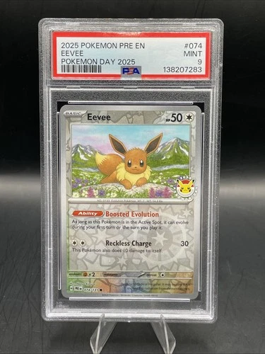 2025 Pokemon Day Eevee 074/131 Stamped Promo Reverse Cosmos Holo PSA 9 MINT