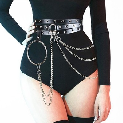 Punk Women Faux Leather Harness Garter Belt Strap Waistband Binding Chain B'AP