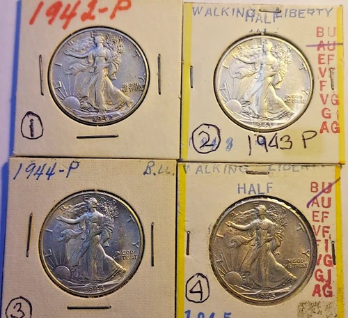 1942, 1943, 1944, 1945 Walking Liberty Halves. All AU/BU. NICE Coins. Frosty