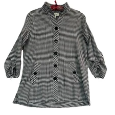 Norm Thompson Button Up Jacket Top Sz S Black Gingham 3/4 Sleeves Wire Collar