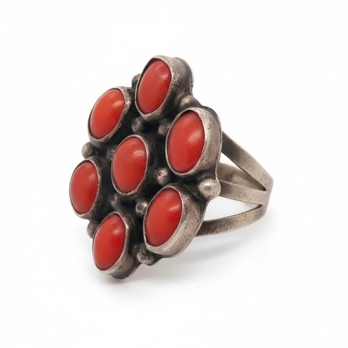 Vintage sterling silver CARVED RED CORAL CAB NAVAJO NATIVE AMERICAN ring
