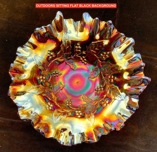 MILLERSBURG RADIUM PURPLE CARNIVAL GLASS “HOLLY SPRIG” BOWL – SO PRETTY!