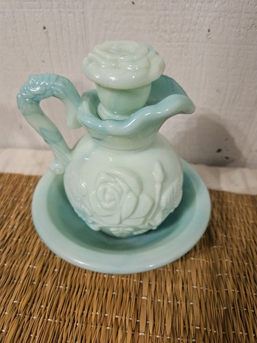 Vintage Avon Victoriana Rose Pitcher & Bowl Faux Jadeite Green Glass Vanity Set - Picture 3 of 9
