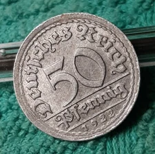 Vintage German 50 Pfennig ~,  1920s Heavily Circulated Coin , 1 Coin 