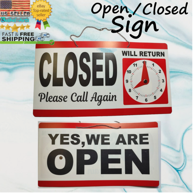 Open Closed Sign for Business Front Door ~Return Hour Dial ~Metal Hang Chain