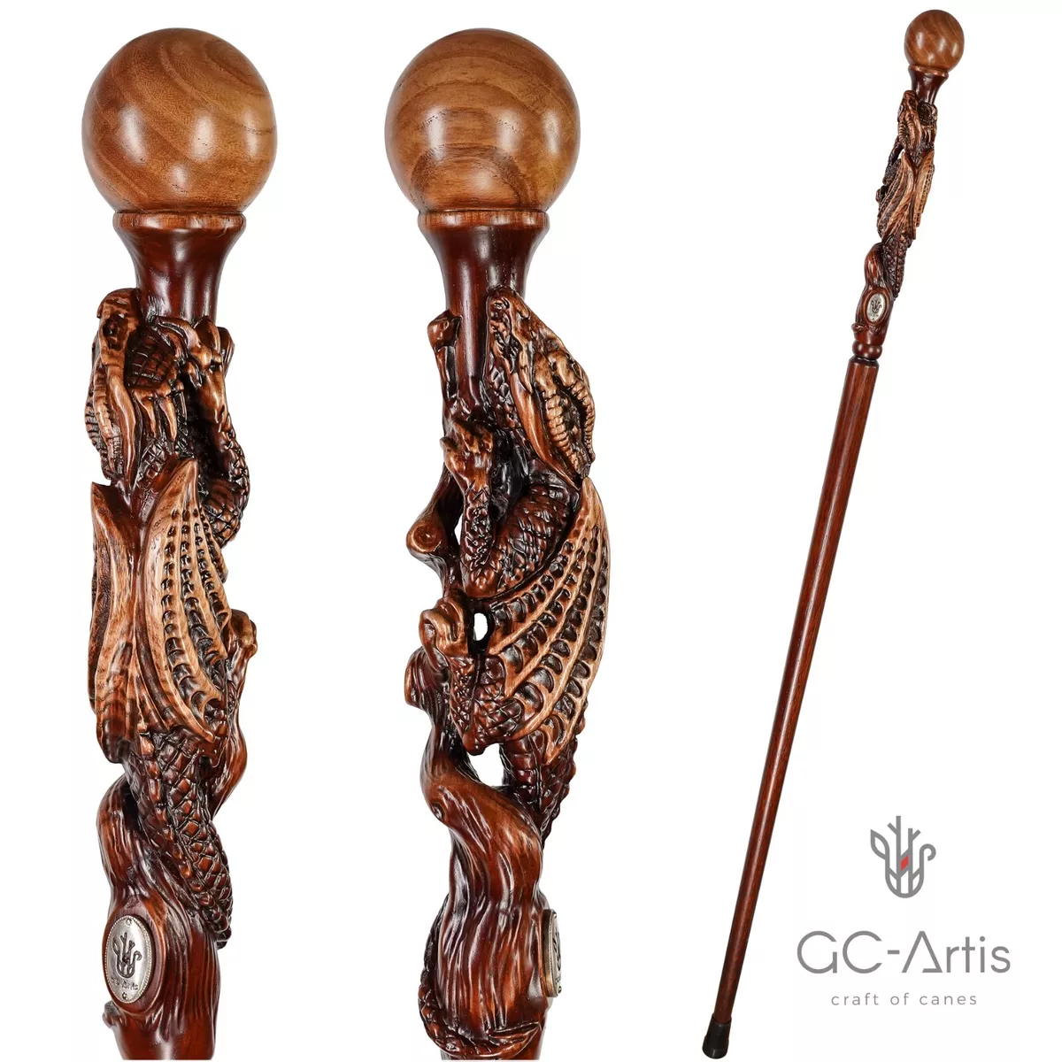 New Wood Dragon Hand Carved Walking Cane Hiking Stick Staff Wooden Top Knob