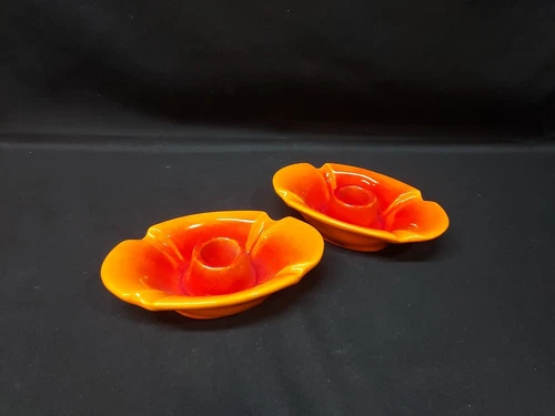 Haeger Pottery 3004 Mid Century Modern Pair FIRE Orange Red Yellow Candleholders