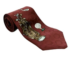 Golf Themed Tie Dark Red Men’s 57 Inches Mark Alexander 100% Silk Made In USA