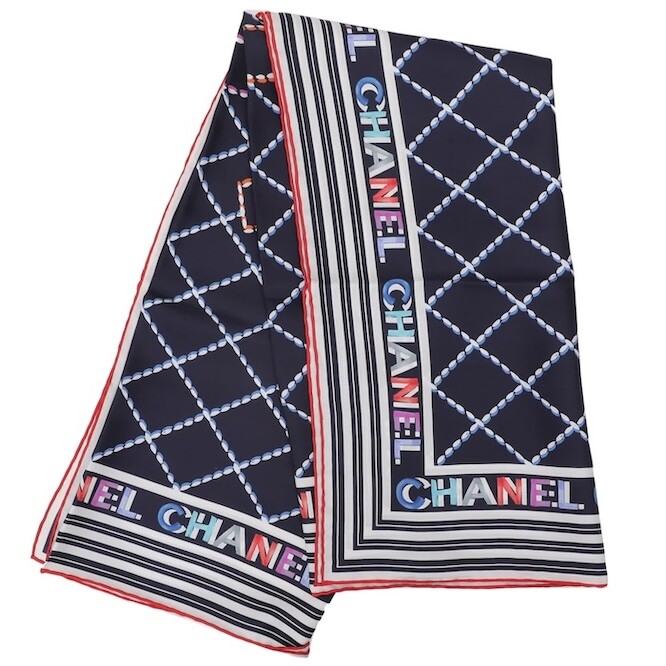 CHANEL Scarf Stole Bandana Dark Navy Matelasse Stitch Silk