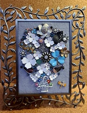 Handmade Vtg Jewelry Collage 10x8" Brushed Silver Metal Frame Art Flower Bouquet