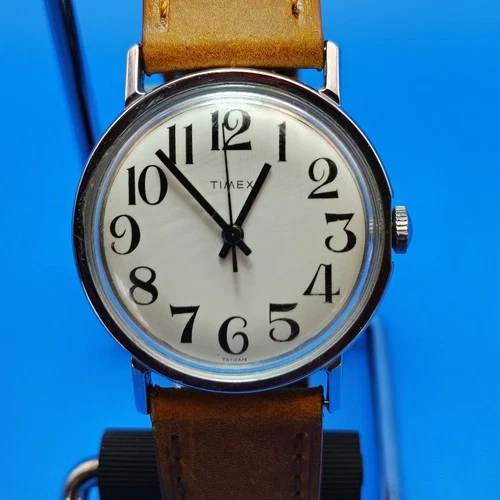 Vintage Timex 34mm Mechanical Wind Watch New Leather Strap Deployment Clasp