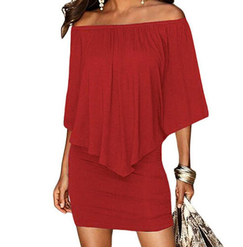 Women's Off Shoulder Cocktail Party Ruffle Short Sleeve Bodycon Mini Dress - Picture 13 of 20