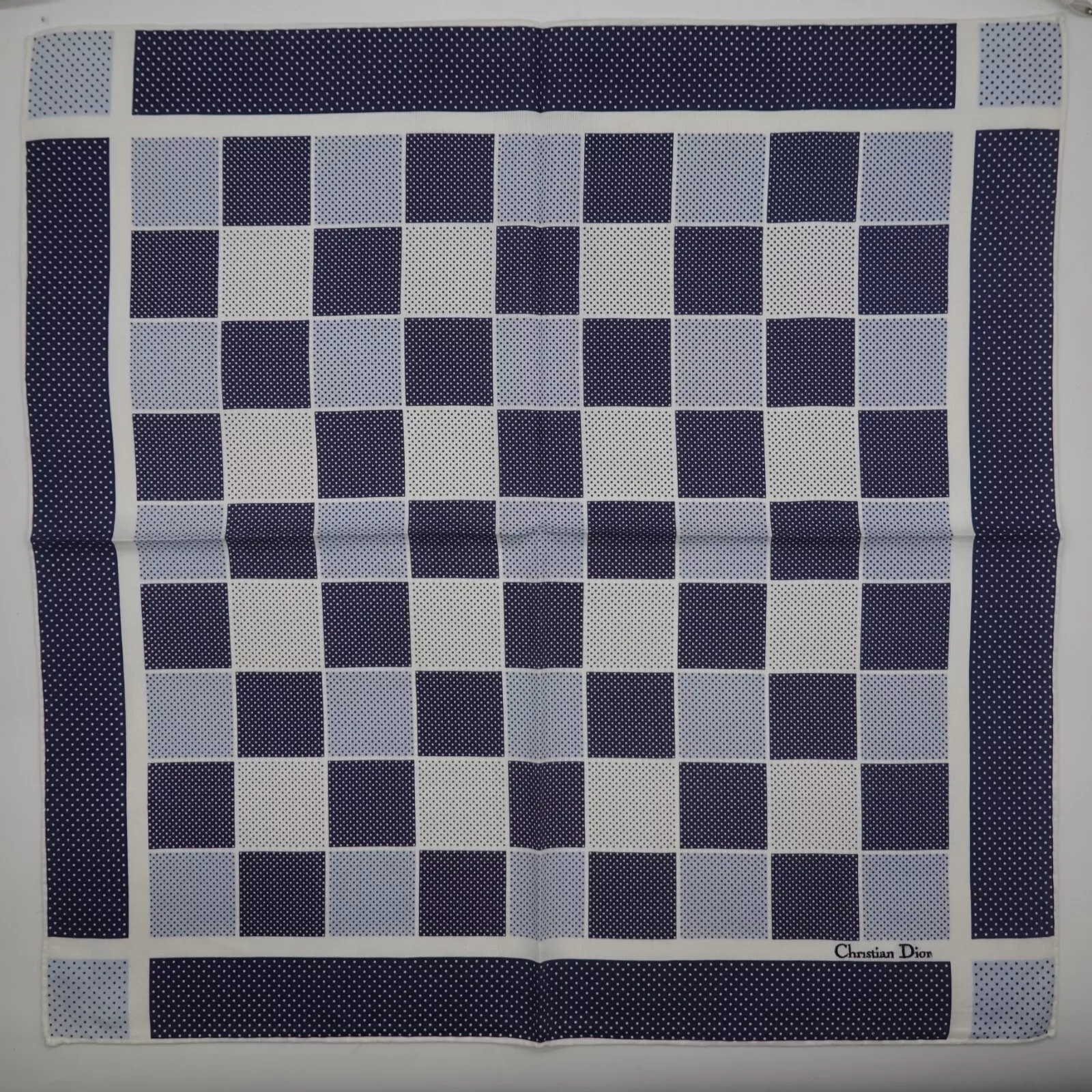 L849 CHRISTIAN DIOR foulard en coton bleu à carreaux foulards de poche carré 19,5