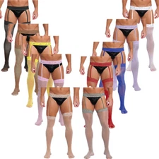 Mens Tights Cutout Stockings Oily Pantyhose Hold-ups Floral Satin Garter Sissy
