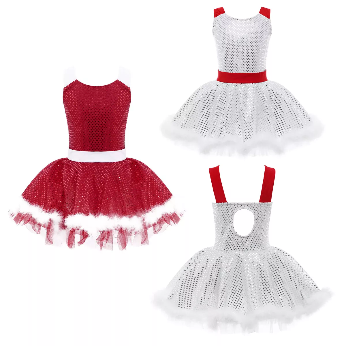 iEFiEL Girls Christmas Santa Claus Ballet Dance Dress Sequins Faux Fur  Leotards