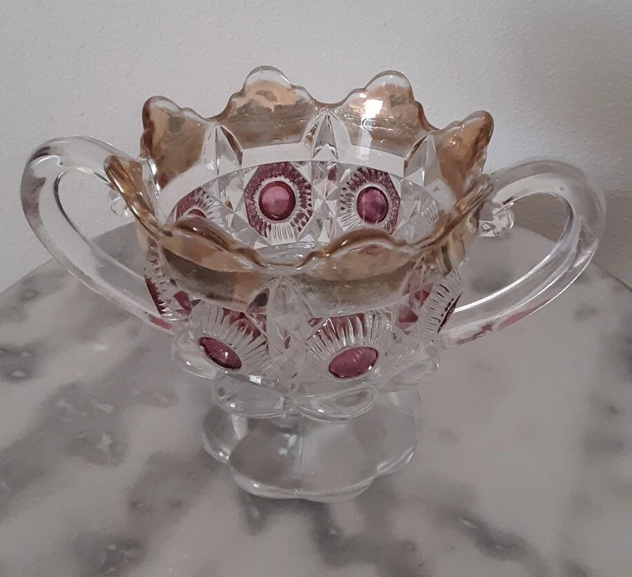 EAPG U.S. Glass No. 15117 Newport Bulls Eye & Daisy Gilded Ruby Stain Spooner - Image 2 of 2