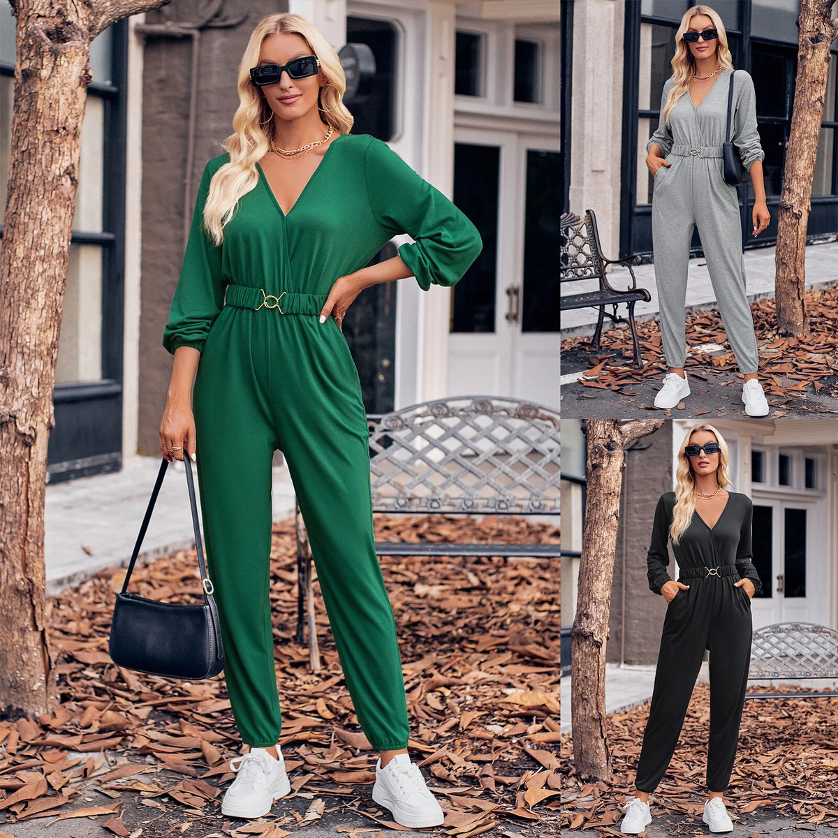 2023 Fashion Women's Long Sleeve V-neck Casual Jumpsuits and