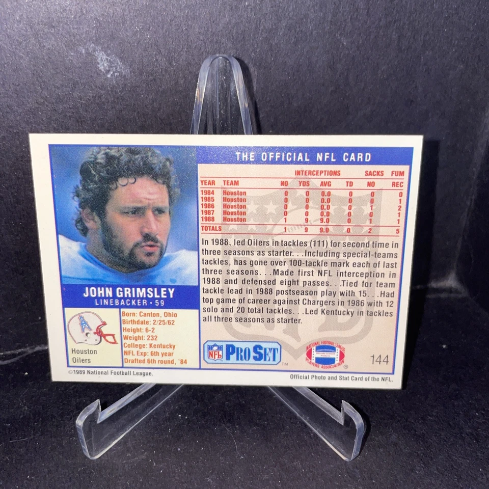 1989 Pro Set Football John Grimsley Houston Oilers #144 - Image 2 of 2