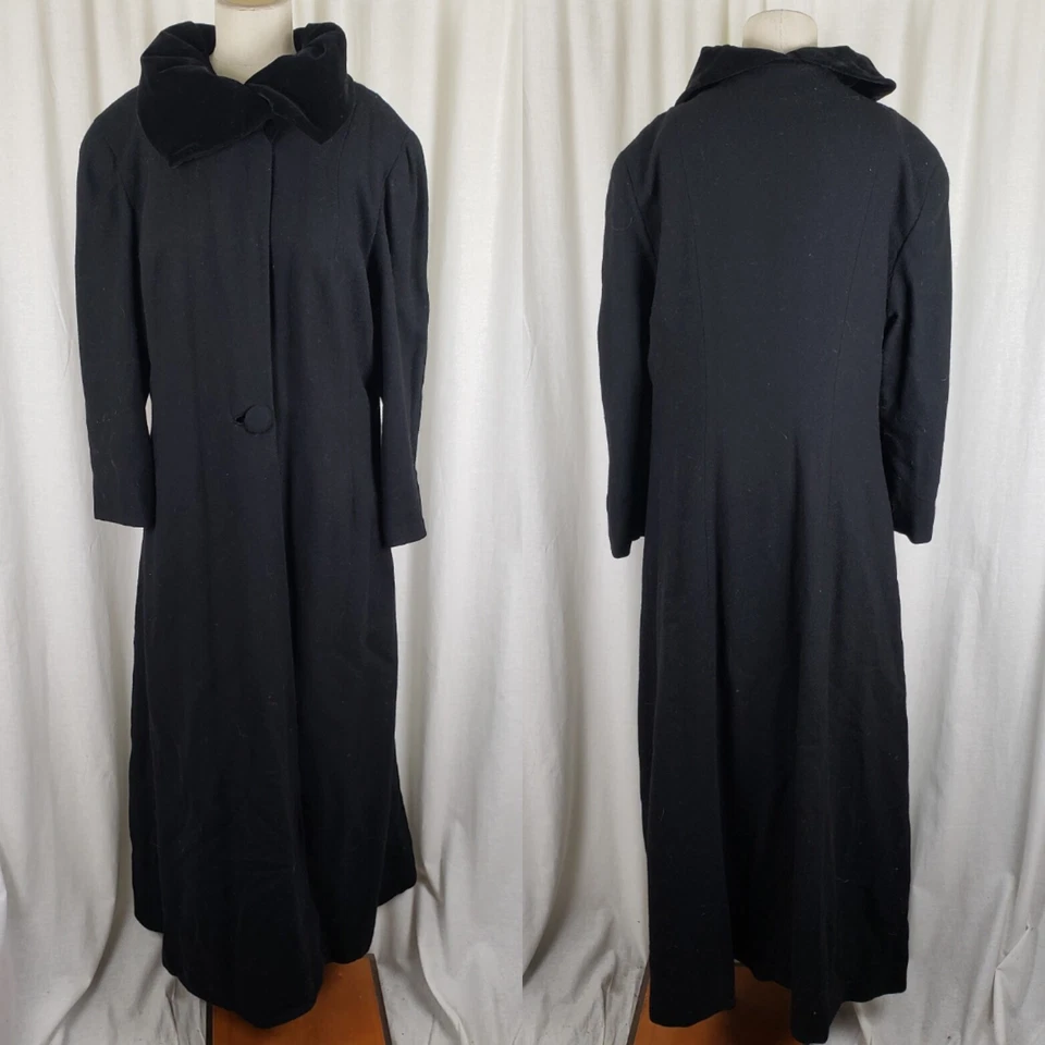 Smiley's 黑色冬季羊毛长款 Maxi Skater Peacoat 女式 M L 天鹅绒领