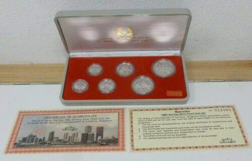 Lot de 6 pièces épreuves en argent sterling Singapour 1985 (1 cent - 1 $) en boîte + COA  - Photo 1/12