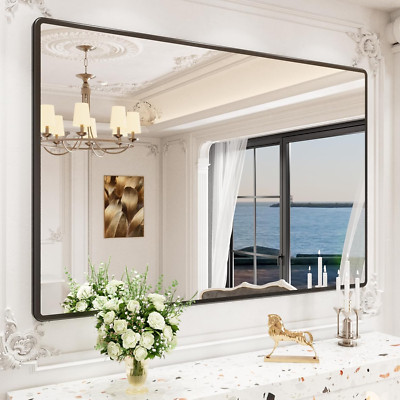 60x40'' Wall Mounted Bathroom Mirror with Black Metal Frame and Tempered Glass