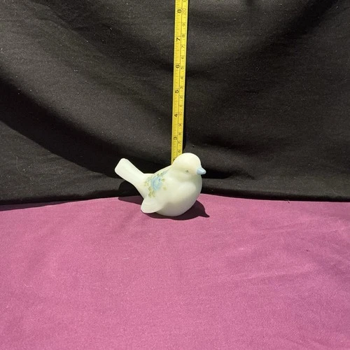 Vintage Fenton Blue Satin Custard Glass Bird Figurine Hand Painted Flower Signed