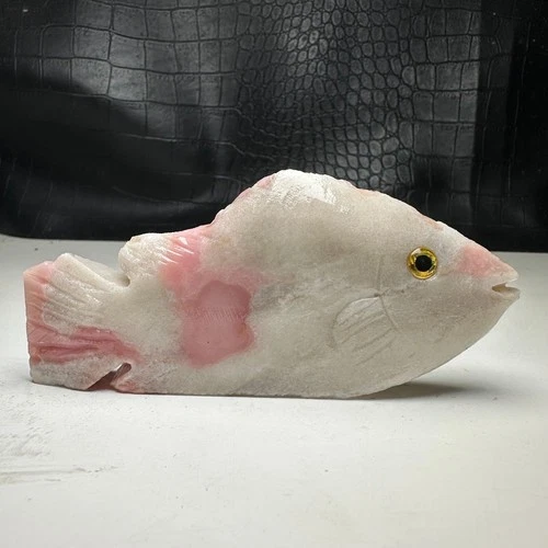 Natural Crystal Mineral Specimen. PINK Stone. Hand-carved FISH .Statue.BN