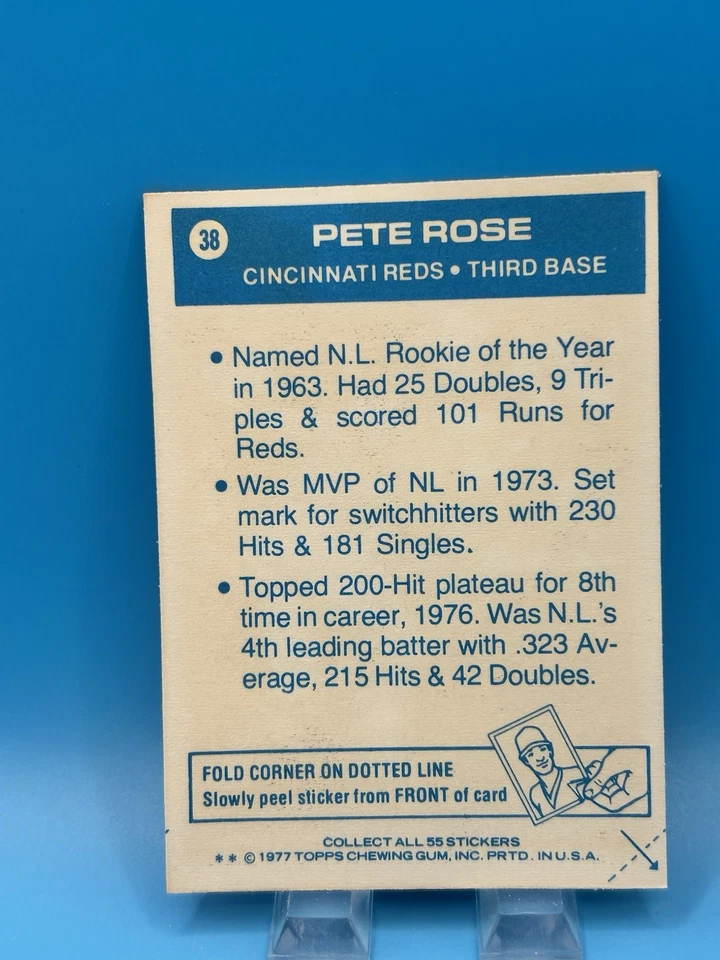 1977 Topps Cloth Sticker #38 PETE ROSE SHORT PRINT SP CENTERED NM-MT or Better - Image 2 of 2