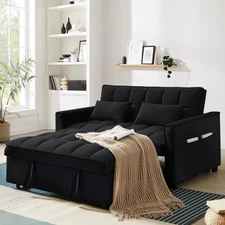 Lunale 3 in 1 Convertible Pull Out Sofa Bed, 55" Velvet Sleeper Loveseat, Black