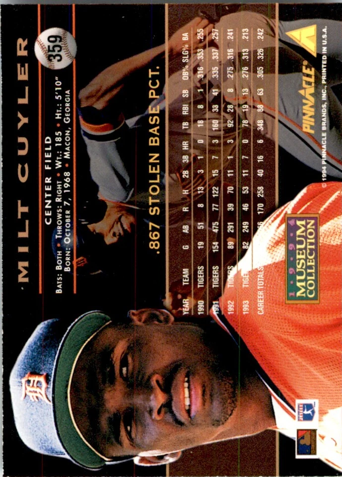 1994 PINNACLE TOPPS MUSEUM COLLECTION MILT CUYLER DETROIT TIGERS #359 - Image 2 of 2