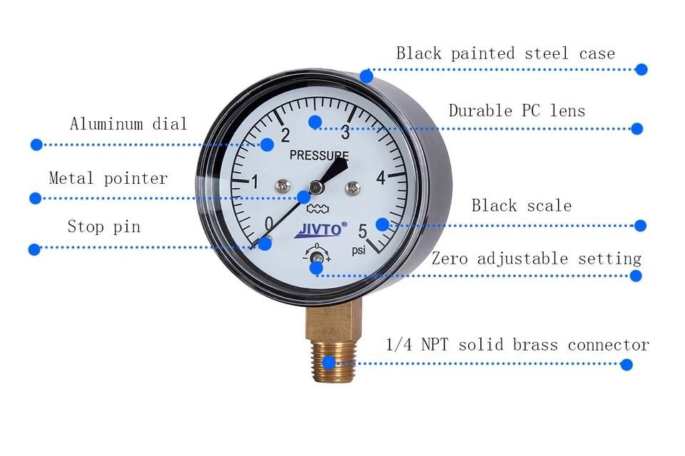 Low Capsule Pressure Gauge, 0-5 PSI,2-1/2" Face Dial, 1/4" NPT Lower Mount - Image 4 of 4