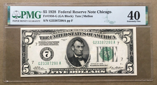 1928 $5 FRN  CHICAGO  FR. 1950-G [] PMG 40 [] Ser# G 23387298 A - Picture 1 of 3