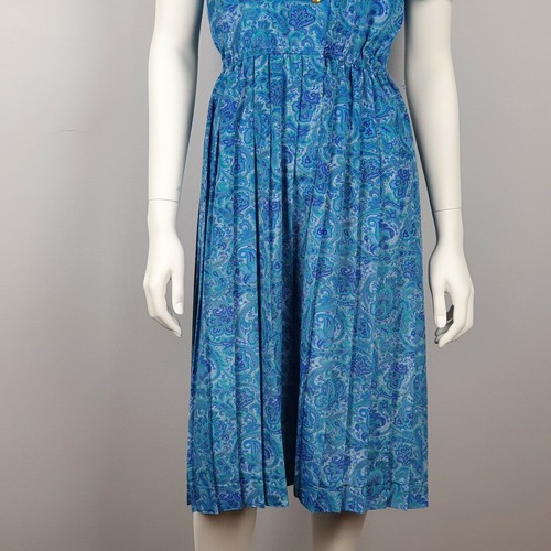 Vintage Schrader Petite Size 6 Midi Dress Blue Button Down Pleated Shoulder Pads - Picture 3 of 11