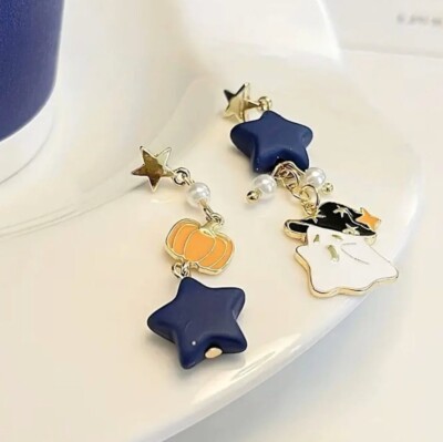 Halloween Ghost with Black Hat Pumpkin Blue Star Orange Dangle Drop Earrings