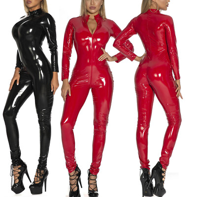Damen Catsuit Ganzkörper Lack Leder Wetlook Overall Langarm Bodysuit Clubwear