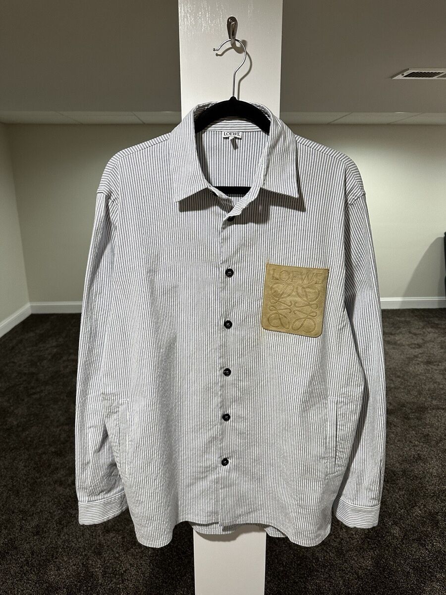 Loewe Oxford Striped Button Shirt Jacket Leather Patch Logo Loewe Oxford Striped Button Shirt Jacket Leather Patch Logo