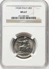 ITALY KINGDOM 1924-R  1 LIRA GEM UNCIRCULATED COIN, NGC CERTIFIED MS67, TOP POP