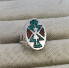 Vintage Sterling Silver Navajo Old Turquoise & Coral Chip Inlay Ring Size 11
