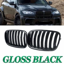 Pair Front Hood Kidney Grille Grill  Gloss Black For BMW X5 E70 X6 E71 2007-2013