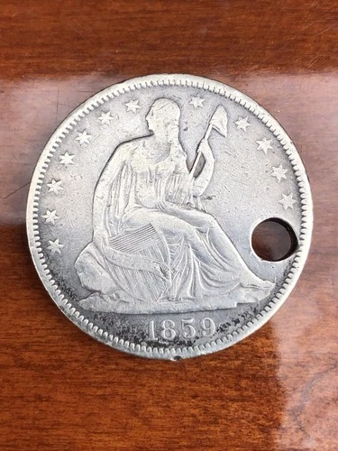 1859 Seated Liberty Half Dollar 50c Better Grade Fine Details. Holed. Cheap!
