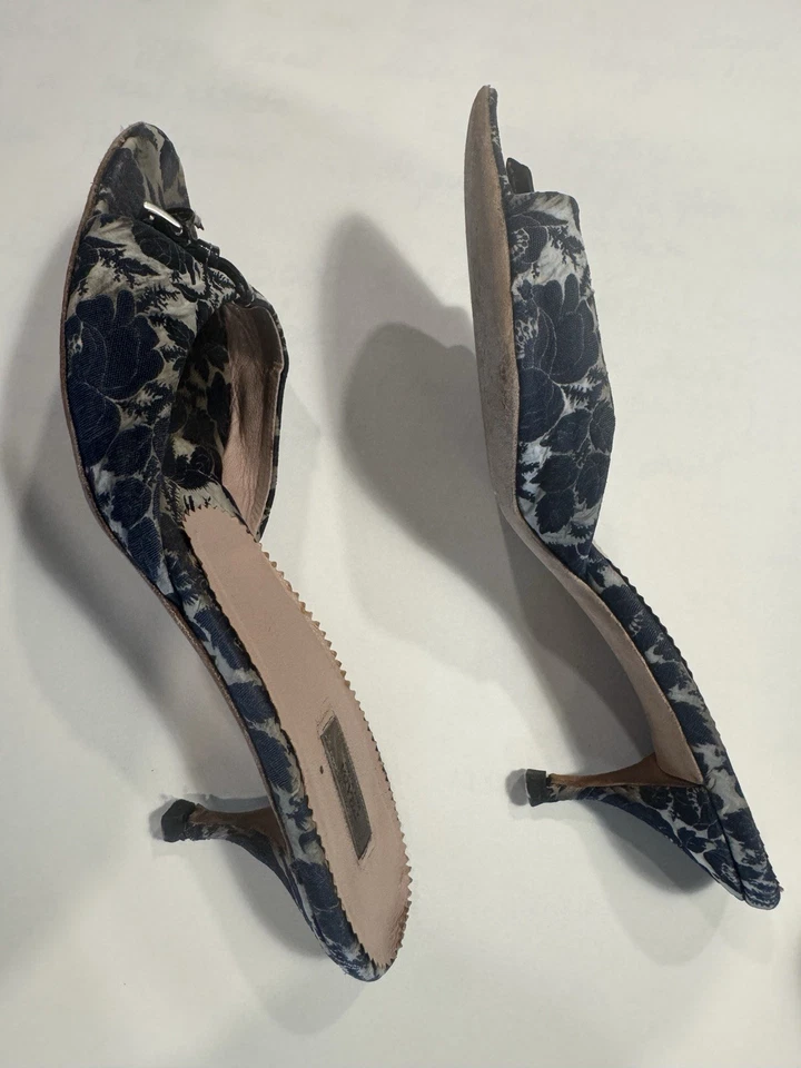 Prada 38 Shoes Blue Floral Mules Slider 38 White Heels Sandals Summer Shoes - Image 2 of 4